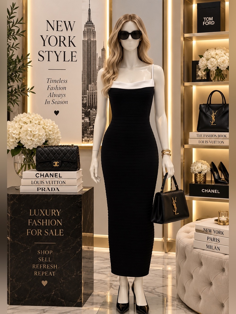 Express Black Midi Dress with White Trim